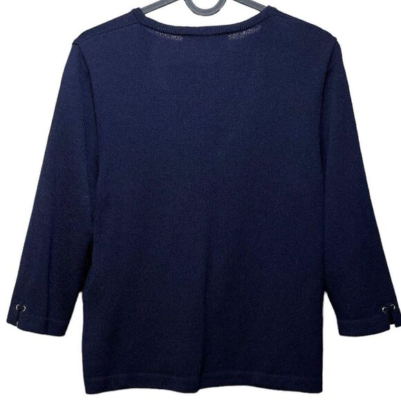 Vintage ST. JOHN by Marie Gray Y2K Lace-up Grommet Knit Navy 3/4Sleeve Sweater 6 - Picture 2 of 9